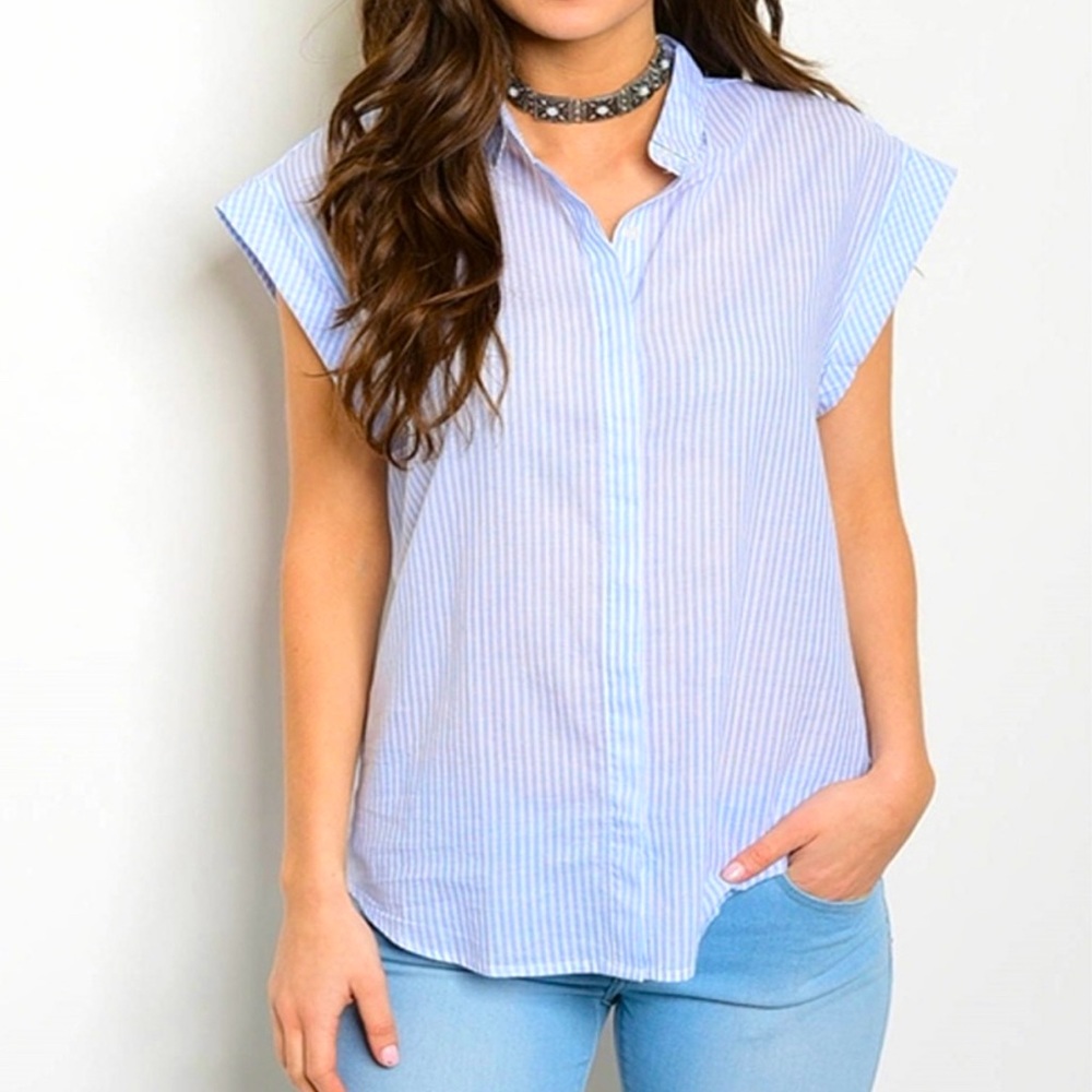 Light Blue and White Striped Button Up Top